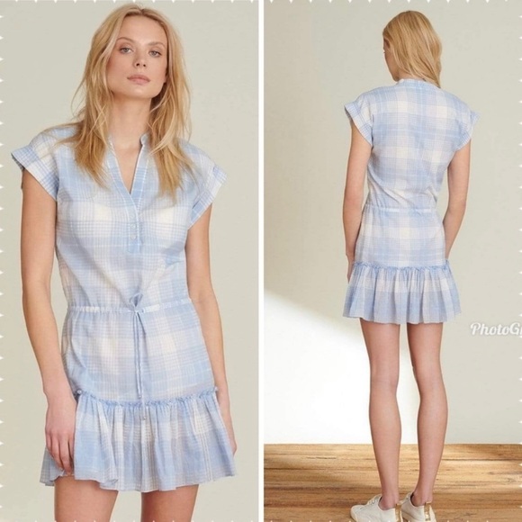 Veronica Beard NWT Short Sleeve Tie Waist Plaid Hanne Mini Dress Blue Size L - Picture 10 of 10